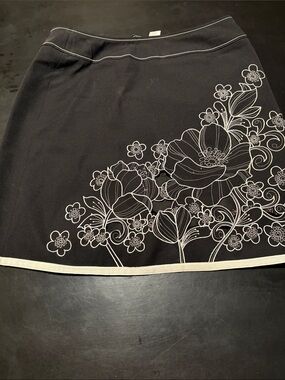 Black Floral A-Line Women's Skirt with White Trim